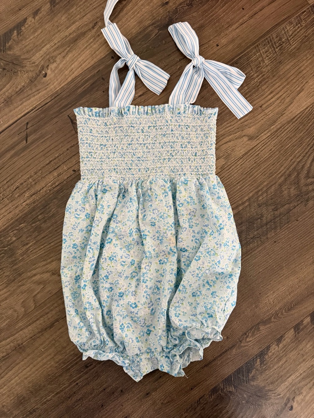 Smocked Floral Bubble Romper with Bow Straps - Light Blue